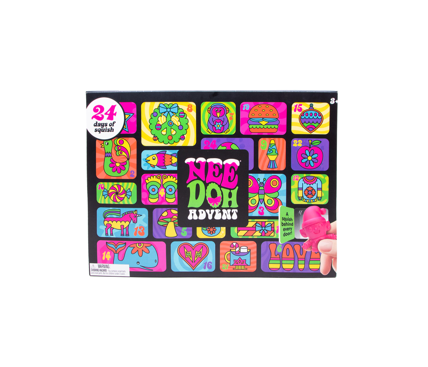 Child unboxing a daily mini squish fidget toy from the candy-free Schylling NeeDoh Advent Calendar