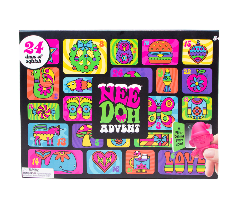 Child unboxing a daily mini squish fidget toy from the candy-free Schylling NeeDoh Advent Calendar