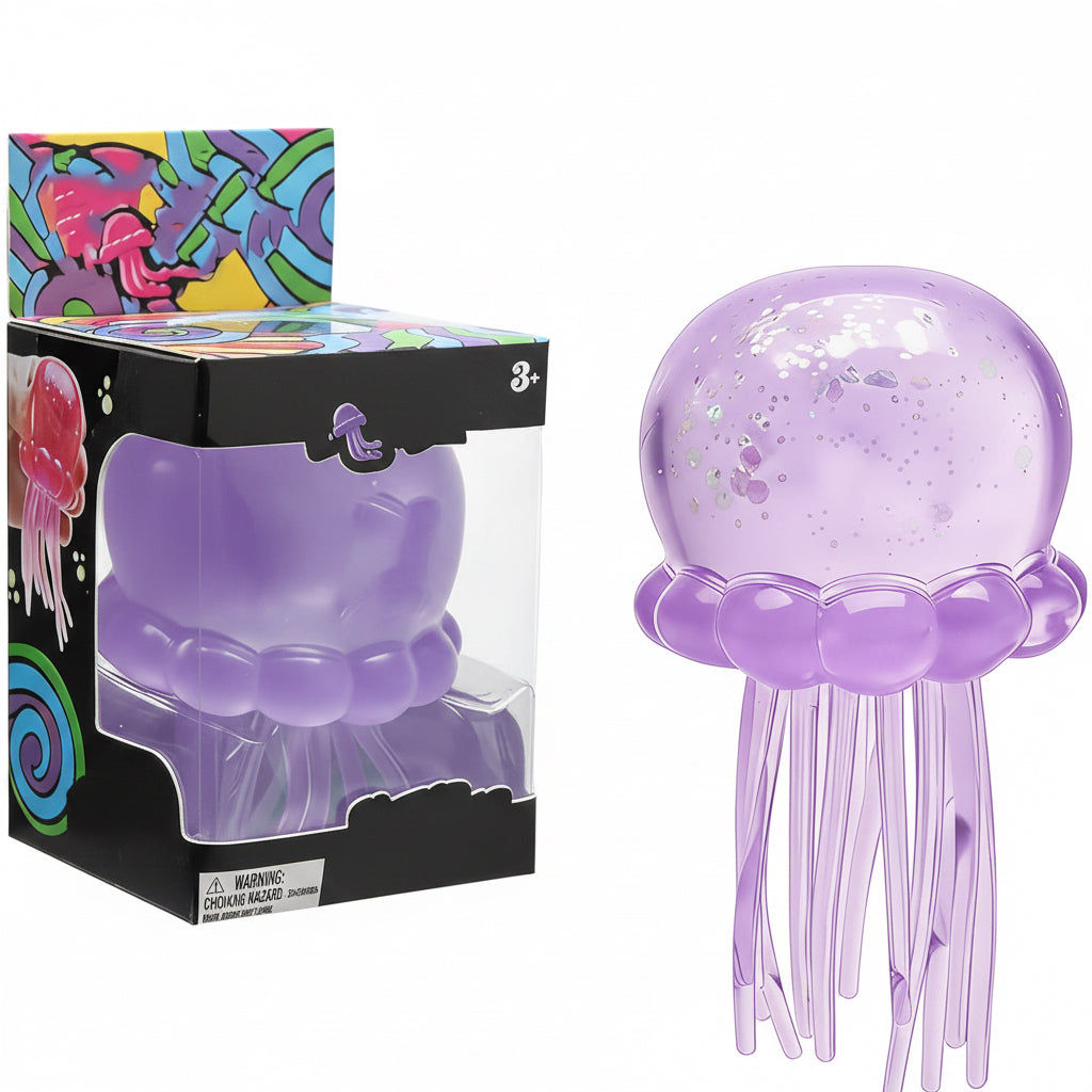NeeDoh JellySquish purple translucent jellyfish sensory squeeze toy with sparkly dome and tentacles by Schylling