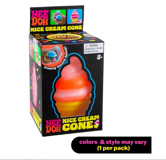 NeeDoh Nice Cream Cone squeeze toy in orange, pink, and blue swirl color variants by Schylling with box