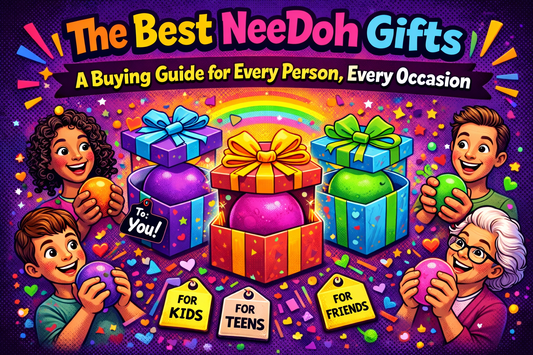 Colorful NeeDoh stress ball gift guide showcasing the best NeeDoh toys for different people and occasions, perfect for stress relief and sensory fun