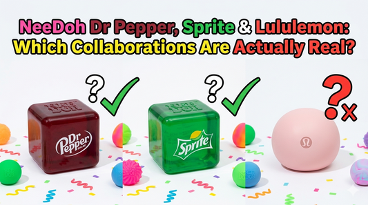 A collection of NeeDoh stress balls featuring rumored and real collaborations: a maroon Dr Pepper cube and green Sprite cube with green checkmarks, and a pastel pink Lululemon ball with a red X mark, under the blog title text