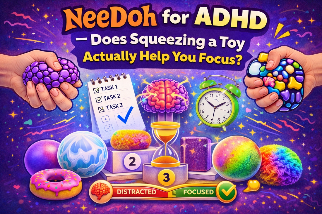 NeeDoh fidget toy being squeezed for ADHD focus showing sensory stress relief and concentration aid