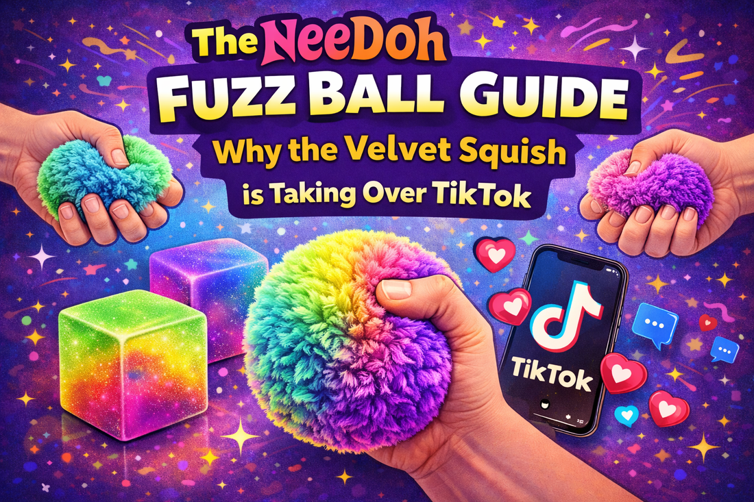 NeeDoh Fuzz Ball sensory fidget toy being squeezed showing colorful fuzzy texture and viral TikTok squishy trend