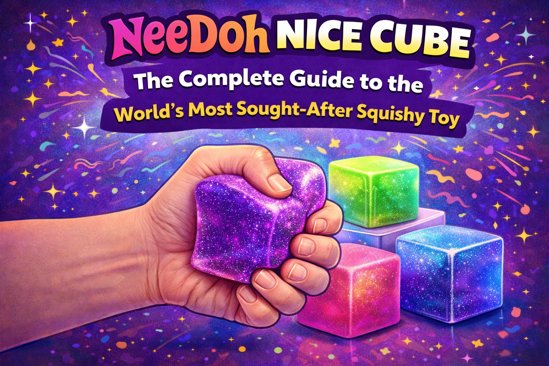NeeDoh Nice Cube squishy toy being squeezed showing stress relief sensory fidget toy in colorful cube shape