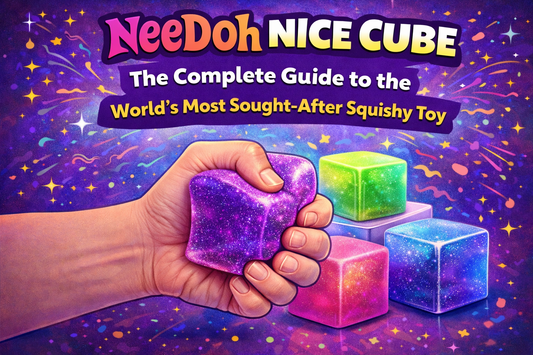NeeDoh Nice Cube squishy toy being squeezed showing stress relief sensory fidget toy in colorful cube shape