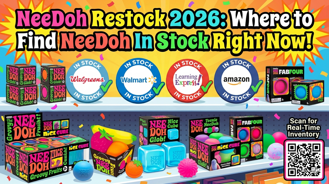 Promotional graphic titled 'NeeDoh Restock 2026: Where to Find NeeDoh In Stock Right Now!' featuring a fully stocked shelf of various NeeDoh fidget toys including boxes of Groovy Fruits, Nice Cubes and Teenie NeeDoh
