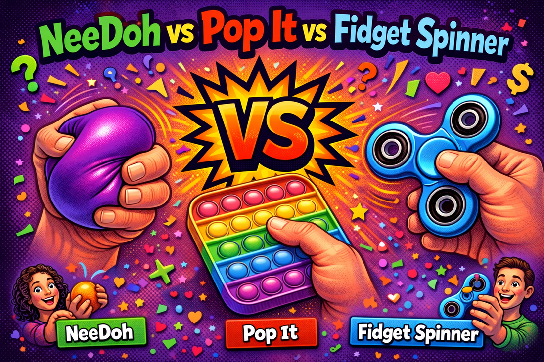 Comparison of NeeDoh, Pop It, and fidget spinner toys showing which fidget toy works best for stress relief, focus, and sensory satisfaction