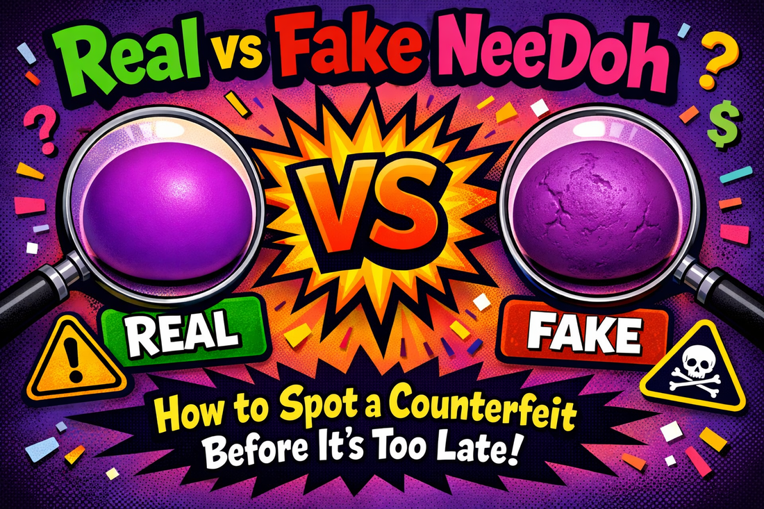 Real vs fake NeeDoh stress ball comparison showing how to identify counterfeit NeeDoh with visible differences in texture and quality