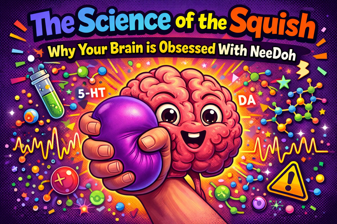 Illustration showing the science behind NeeDoh stress balls and why squishy sensory toys are satisfying for the brain and help relieve stress
