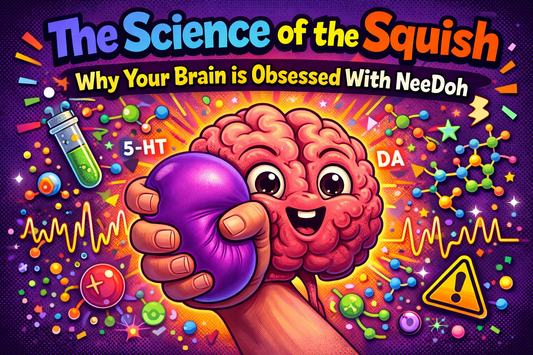 Illustration showing the science behind NeeDoh stress balls and why squishy sensory toys are satisfying for the brain and help relieve stress