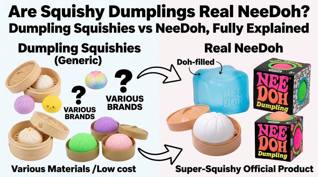 Generic dumpling squishies compared side-by-side with official NeeDoh dumpling toys