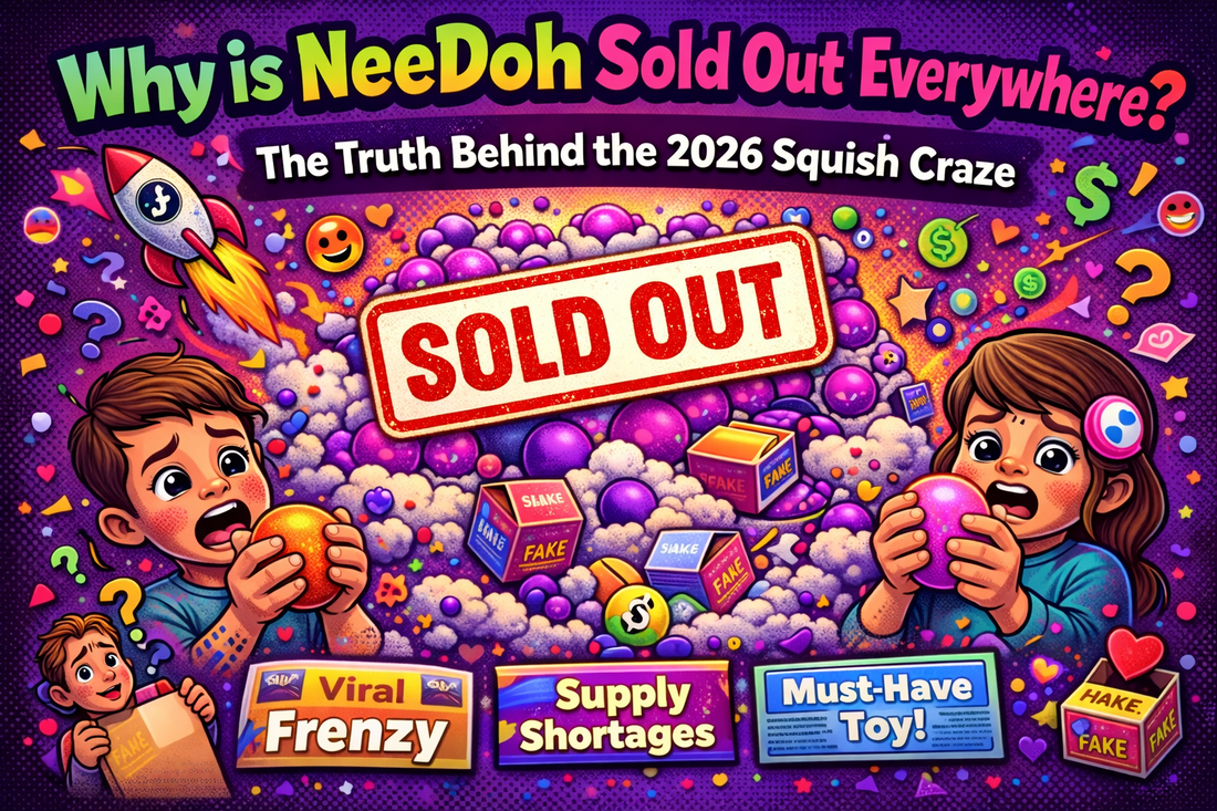 Illustration showing NeeDoh sold out everywhere due to the 2026 squish craze, highlighting viral demand, supply shortages, and popularity of stress toys