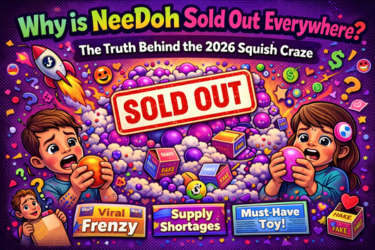 Illustration showing NeeDoh sold out everywhere due to the 2026 squish craze, highlighting viral demand, supply shortages, and popularity of stress toys