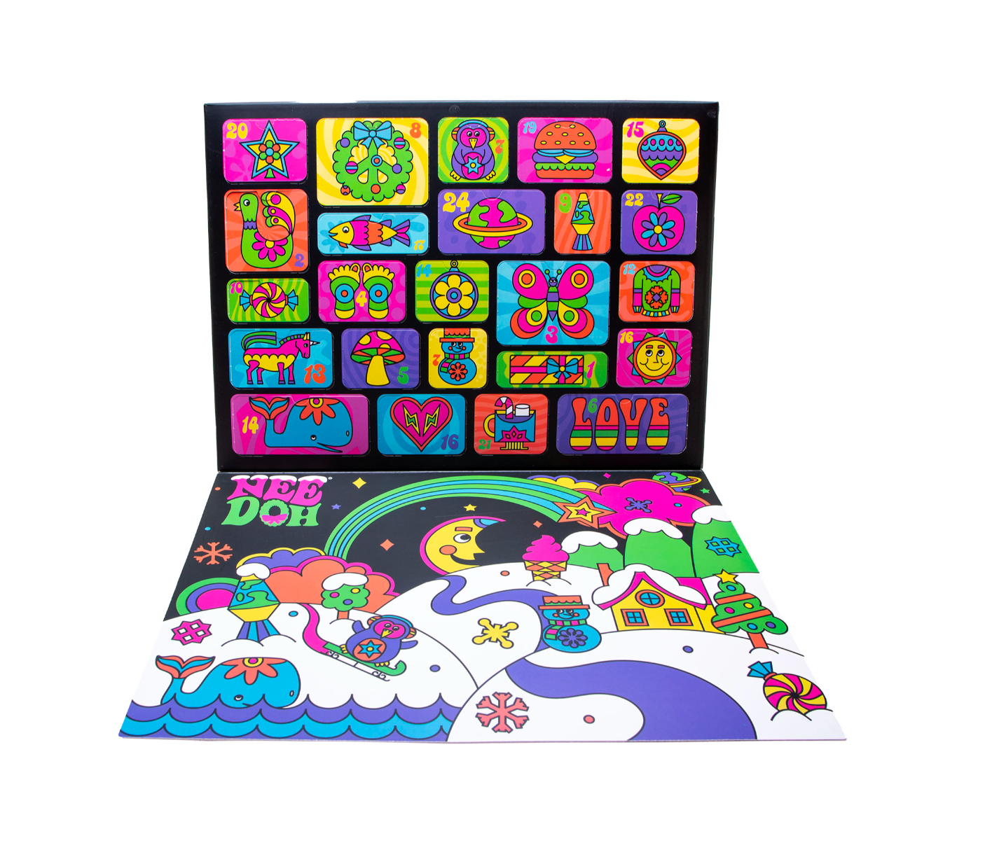 Schylling NeeDoh Advent Calendar box showing 24 daily candy-free sensory squish and fidget toy surprises