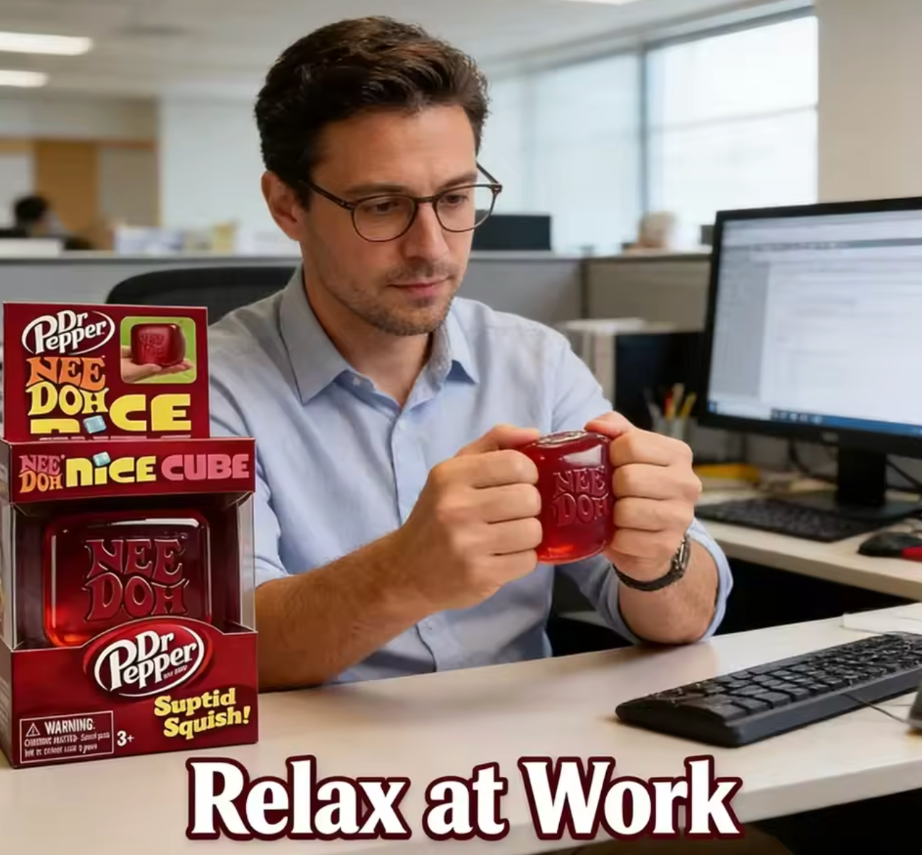 Adult squeezing NeeDoh Dr Pepper Nice Cube at desk for stress relief and focus
