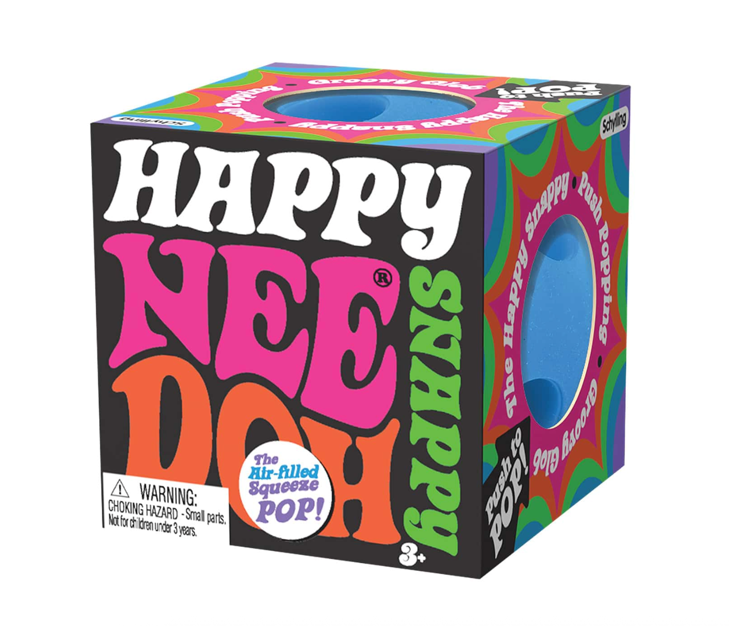NeeDoh Happy Snappy air-filled poppable groove sensory fidget toy in blue green pink and purple on white background
