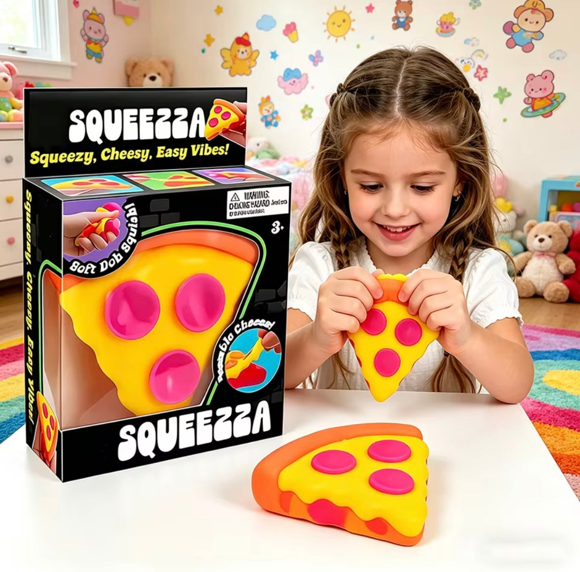 Child playing with NeeDoh Squeezza pizza slice fidget toy showing tactile squeeze and stretch action