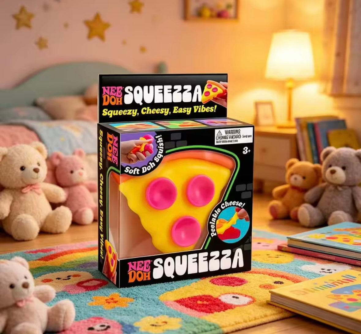 NeeDoh Squeezza pizza slice sensory fidget toy in cosy bedroom setting with Schylling retail box