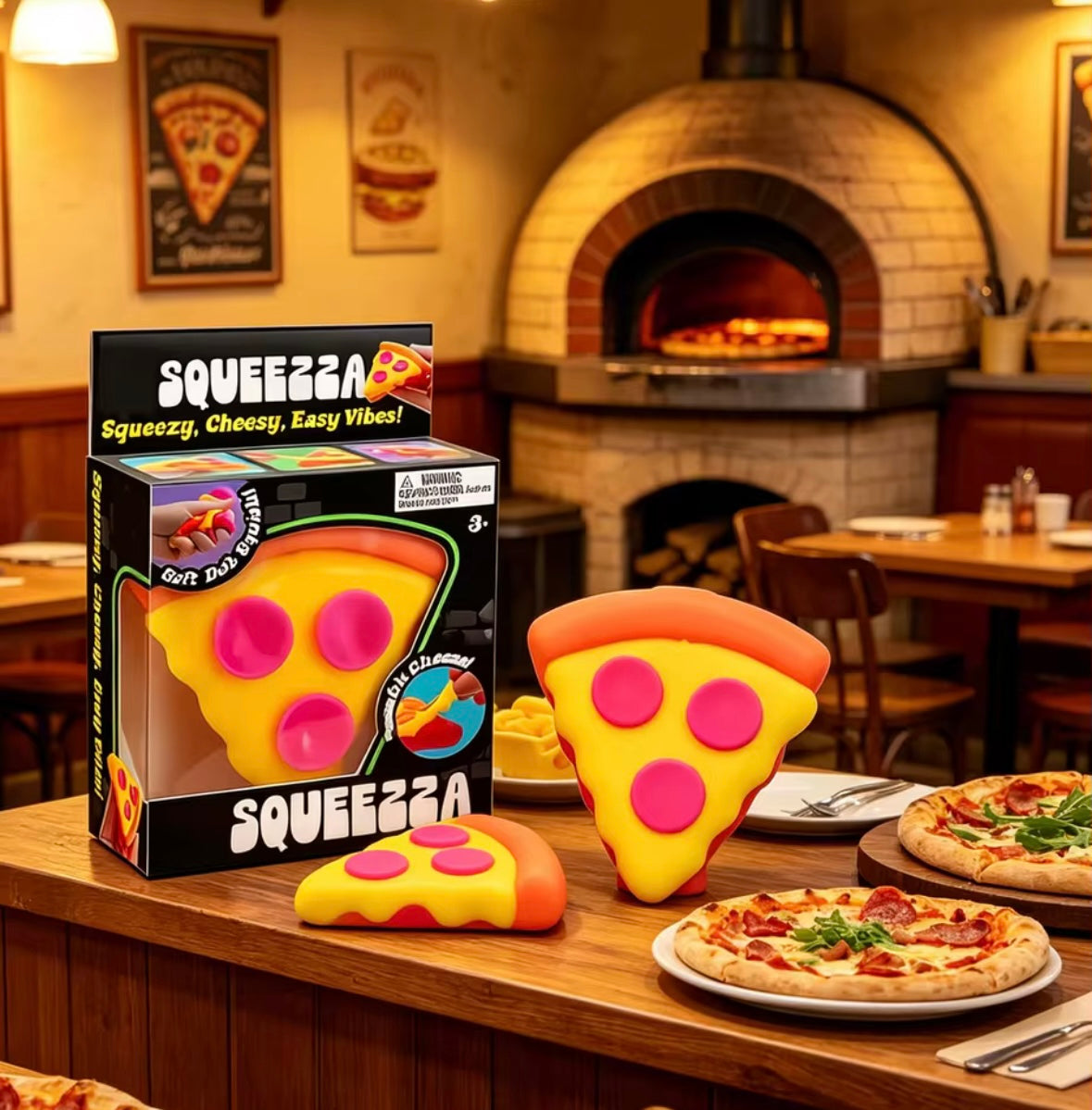 NeeDoh Squeezza pizza slice sensory squeeze toy with Schylling box showing peelable cheese and soft doh squish