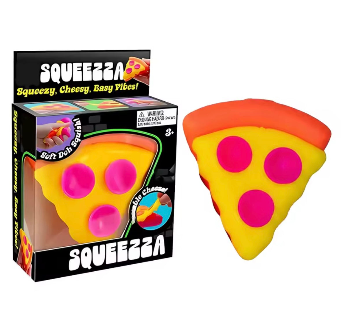 NeeDoh Squeezza pizza slice sensory toy with authentic Schylling retail box on white background