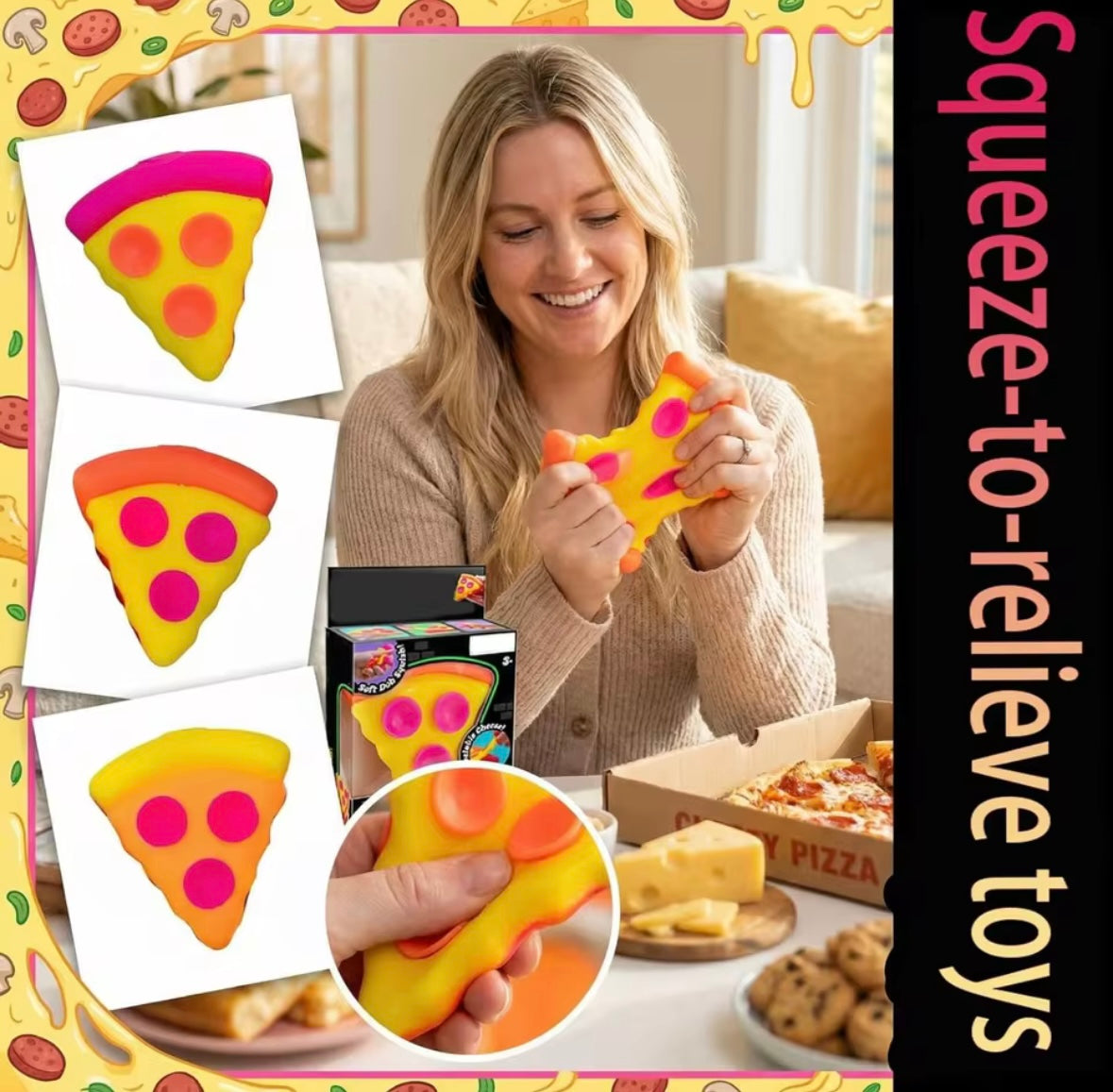 Adult squeezing NeeDoh Squeezza pizza slice stress relief toy showing three colour variants pink orange yellow