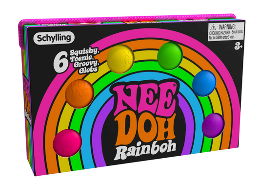 NeeDoh Teenie Rainboh 6-pack mini sensory squeeze toy set in pink orange yellow green blue and purple rainbow colors with carry case